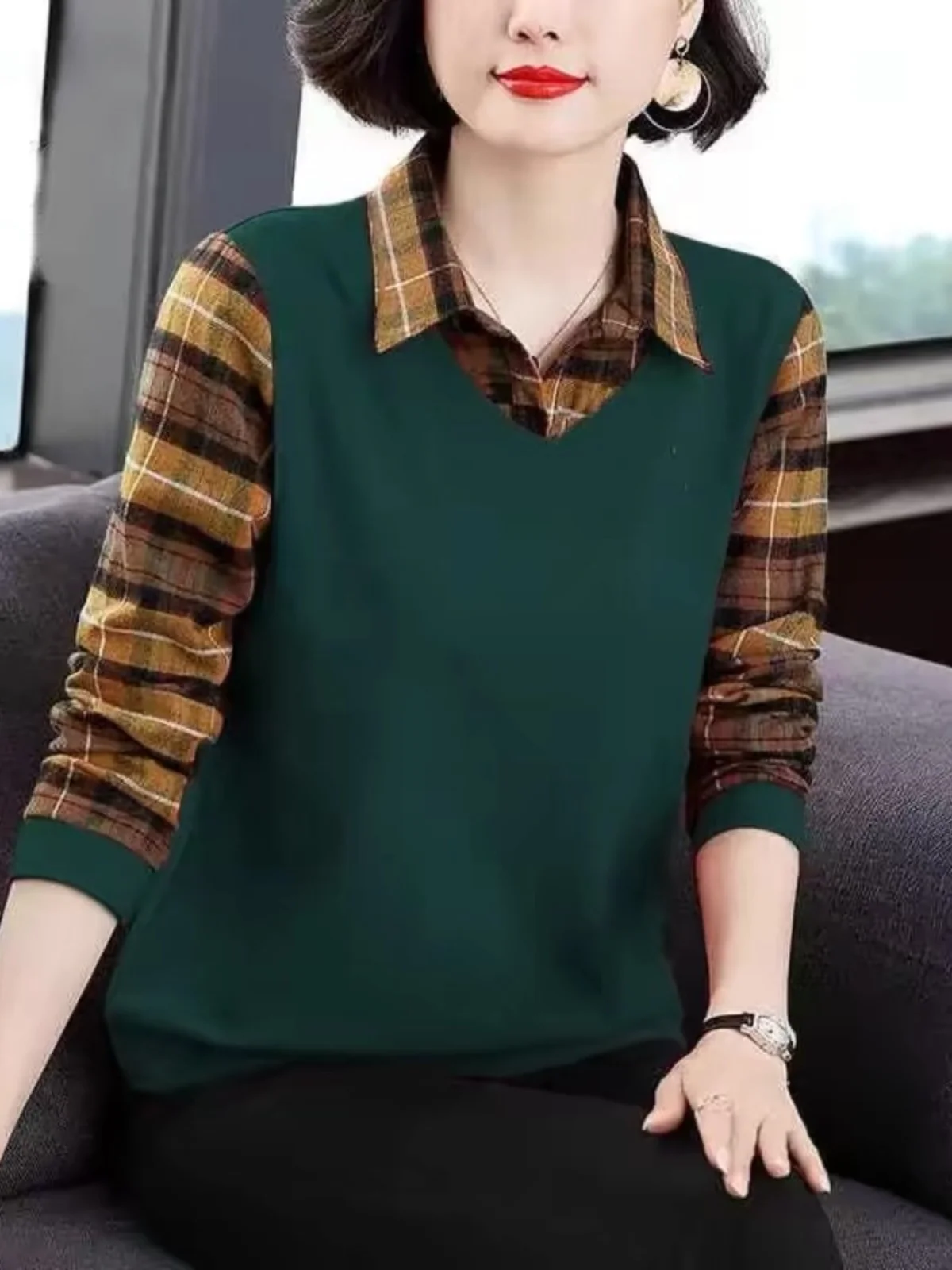 봄 가을 큰 사이즈 엄마들을 위한 세련되고 편안한 롱 슬리브 티셔츠 여성 투피스룩 출퇴근룩 한국 스타일...