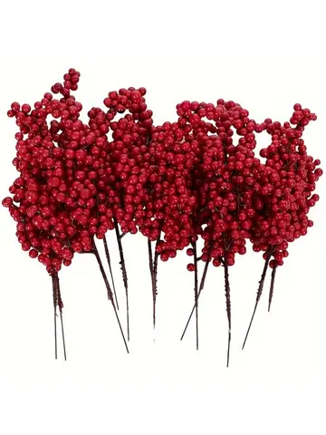 Conjunto de 12 peças de bagas artificiais vermelhas brilhantes para decoração de árvore de Natal - decoração de férias DIY