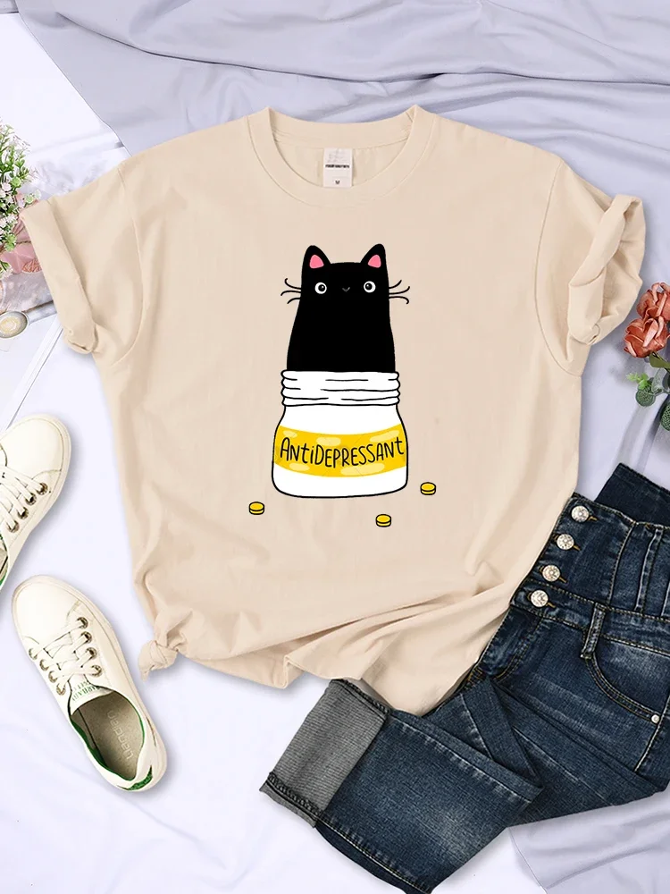 Fur Antidepressant Cat Printed T Shirts Women Sweat Tops Clothes Loose Casual Clothing Pattern Breathable Casual Clothes Tees