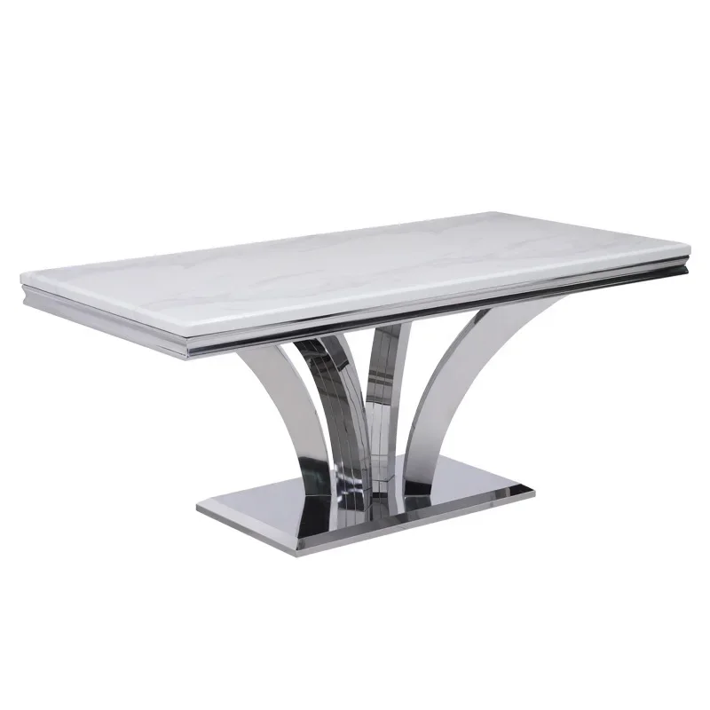 

Легкий роскошный мраморный обеденный стол для дома, высококачественный прямоугольный обеденный стол и стулья из нержавеющей стали для Ближнего Востока.