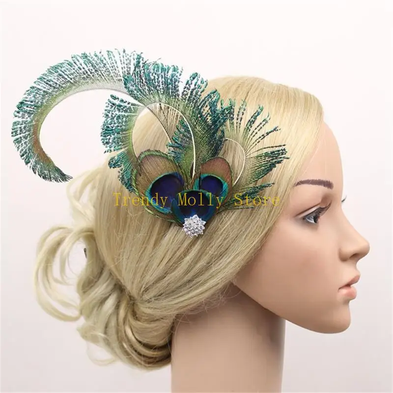 

N5KB TeaParty Fascinator Hair Clip for Party Wedding Women PeacockFeather Fascinator Hair Pin Ethnic Church Headdress