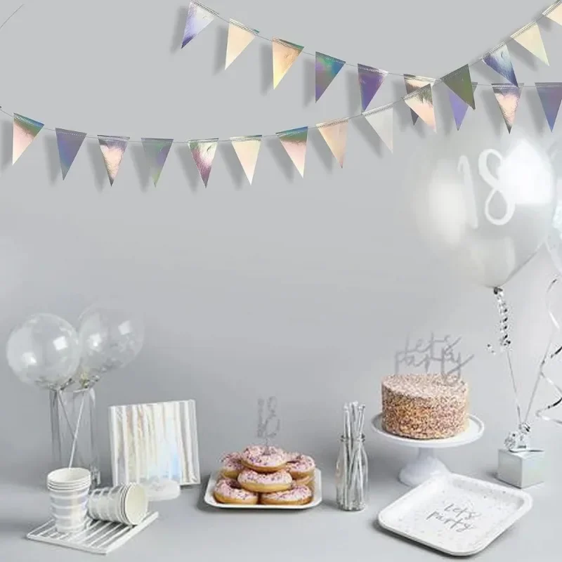 12M 3M schillernde holografische hängende Dreieck-Wimpel-Banner-Flaggen-Girlande für Abschlussfeier, Geburtstag, Hochzeit, Party-Dekoration – Detail 5