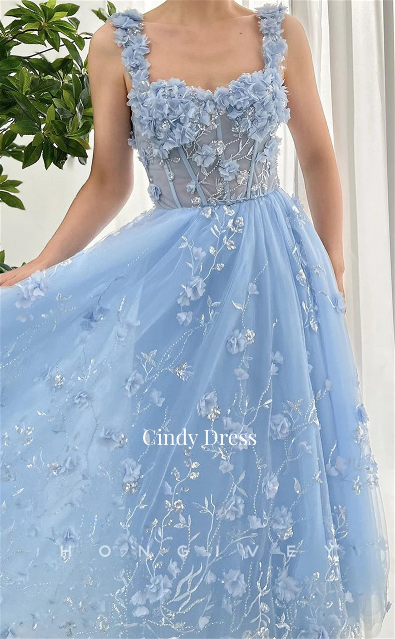 Cindy A-line vestido De encaje con cuentas brillantes para mujer, flores 3D, azul claro, vestidos De fiesta para mujer, vestido De noche para baile