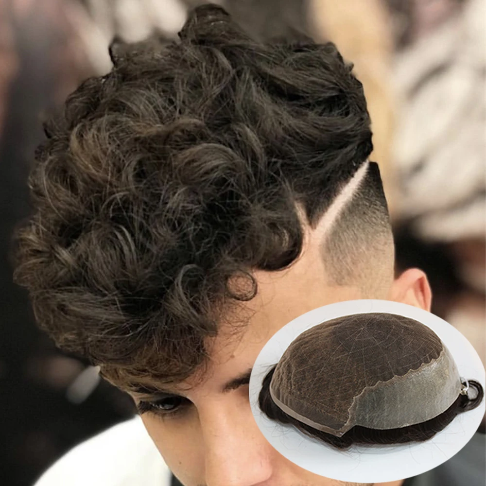 Tupé de encaje suizo para hombres, peluca de prótesis capilar de reemplazo transpirable, rizado, 15MM, PU, la mejor calidad, Q6