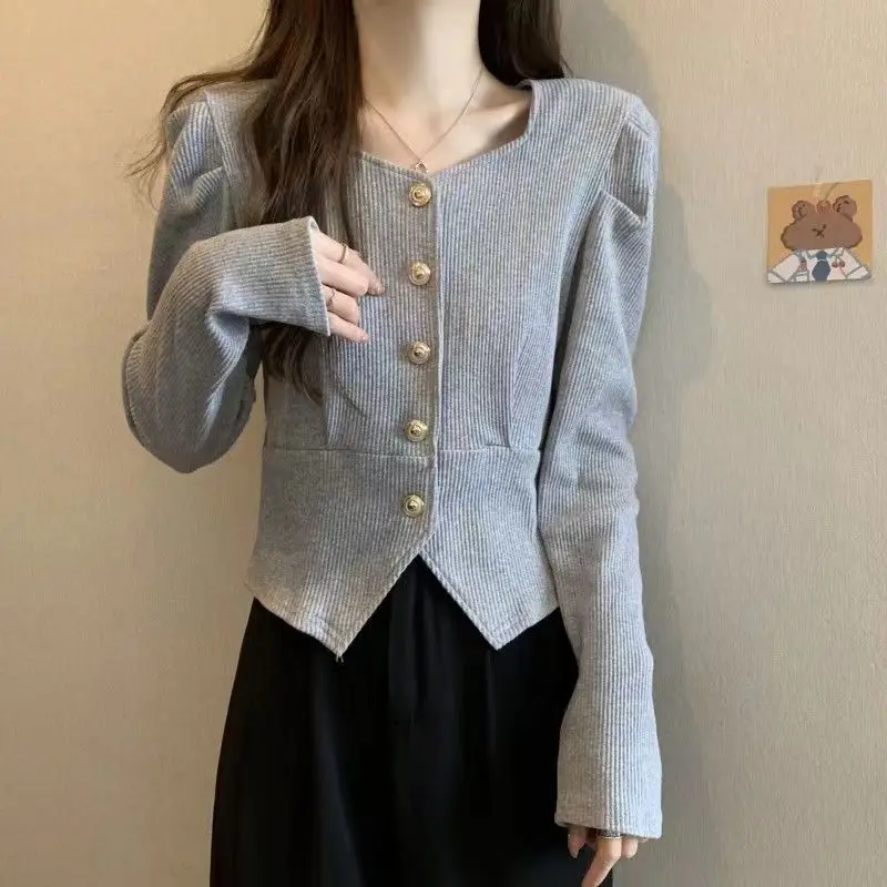 Spring Autumn Women Trendy Square Collar Ribbed Y2K Chic Button Jackets Casual V Neck Long Sleeve Solid Slim Coat Ropa De Mujer