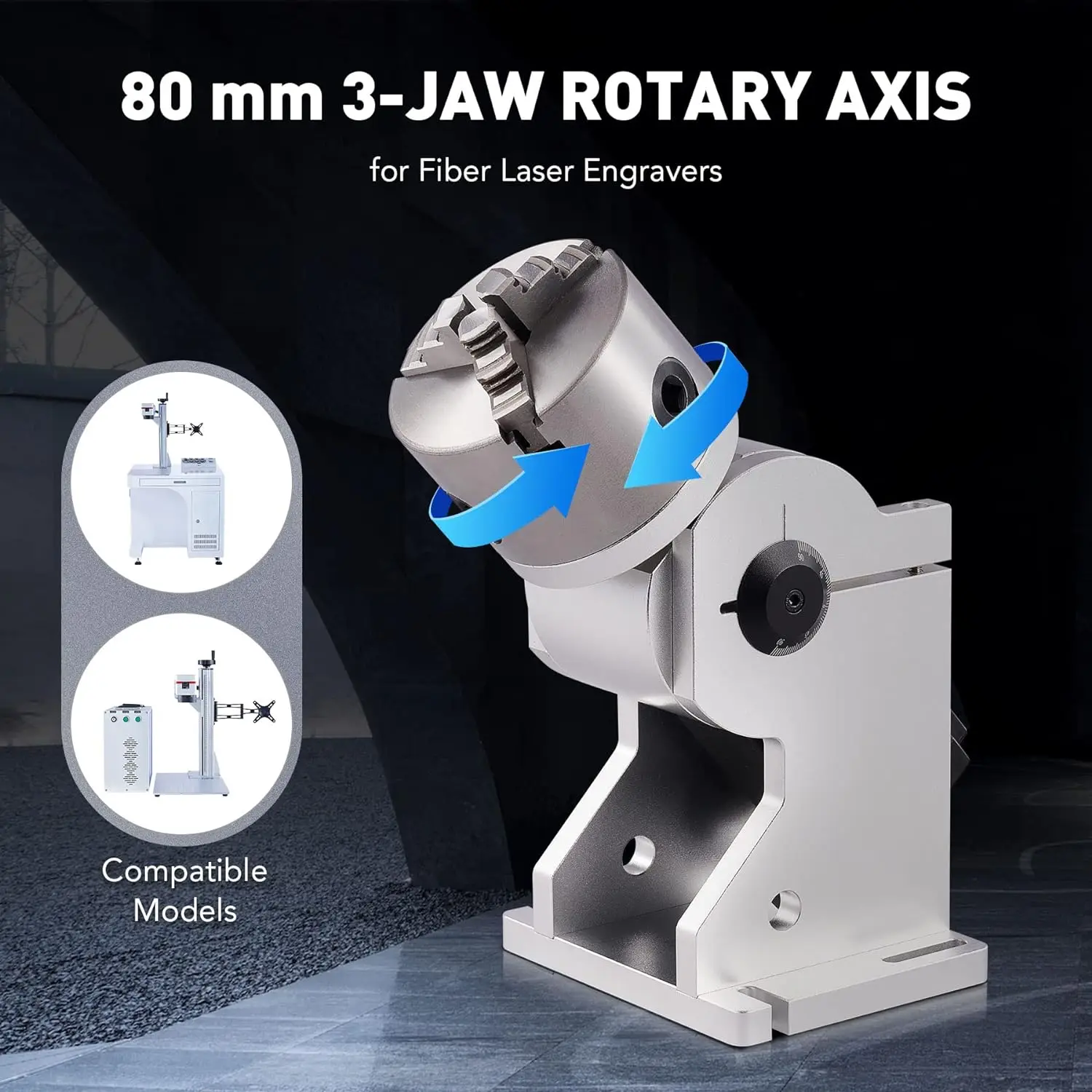 Omtech Rotary Axis Attachment For Fiber Laser Engravers, 80Mm 3 Jaw Rotary Chuck Ring Jewelry Marking Tool, Laser Engraving