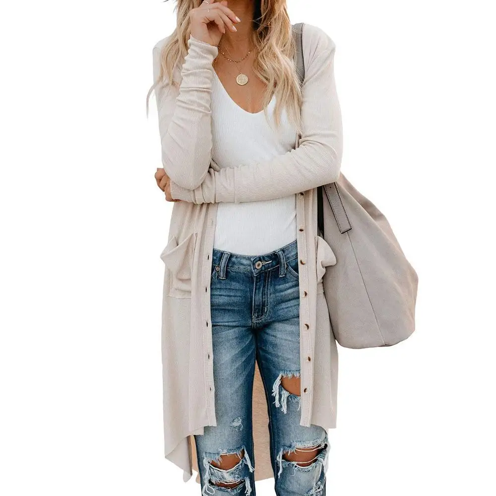 Women's Single Mid-Length Long Sweater Knitted Cardigan Polyester Fiber  Color Open-irt Sle Autumn Faion 