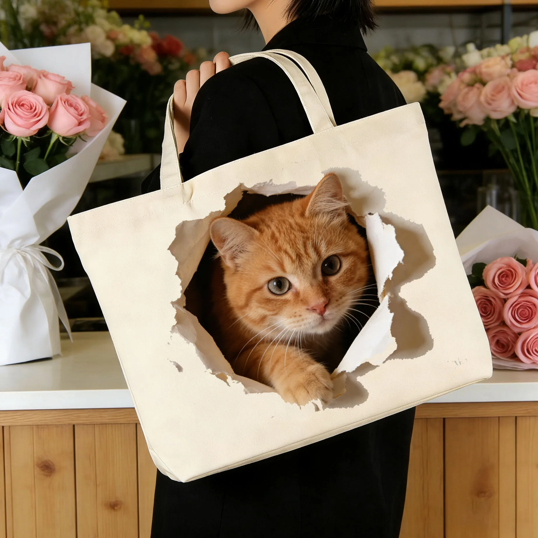 

1PC Creative 'Fleeing Orange Cat' Design Canvas Shoulder Bag White Large Capacity Student Bag 2D Flat Pattern Handbag