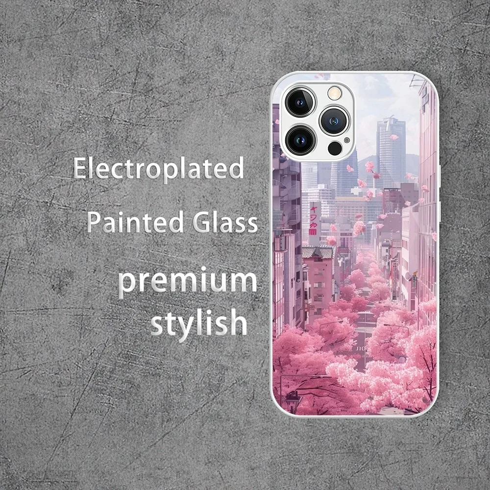 Tokyo Sakura cherry blossom Phone Case For Electroplated Painted Glass iPhone 13 12 14 11 Plus Pro Max X XS XR Mini Shell