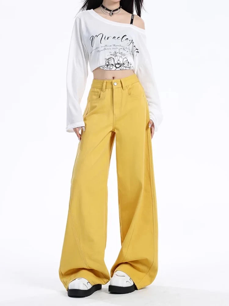 

Casual High Waist Fashion Slim Woman Jeans New Solid Color Slim Loose Women Jeans Street Retro Yellow Pants Female Chicly