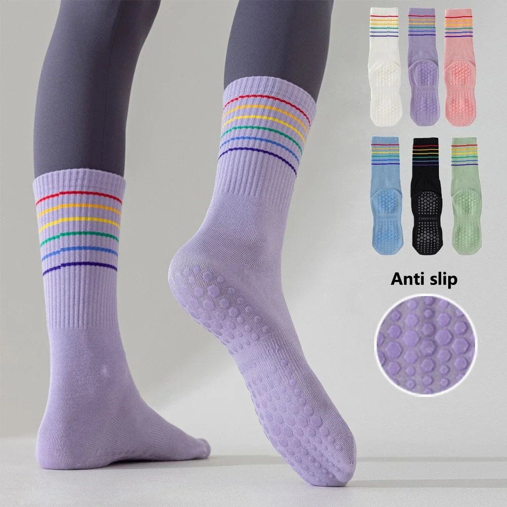 

Colourful Stripes Yoga Pilates Socks for Women Non-slip Floor Aerobic Exercise Sports Calf Socks
