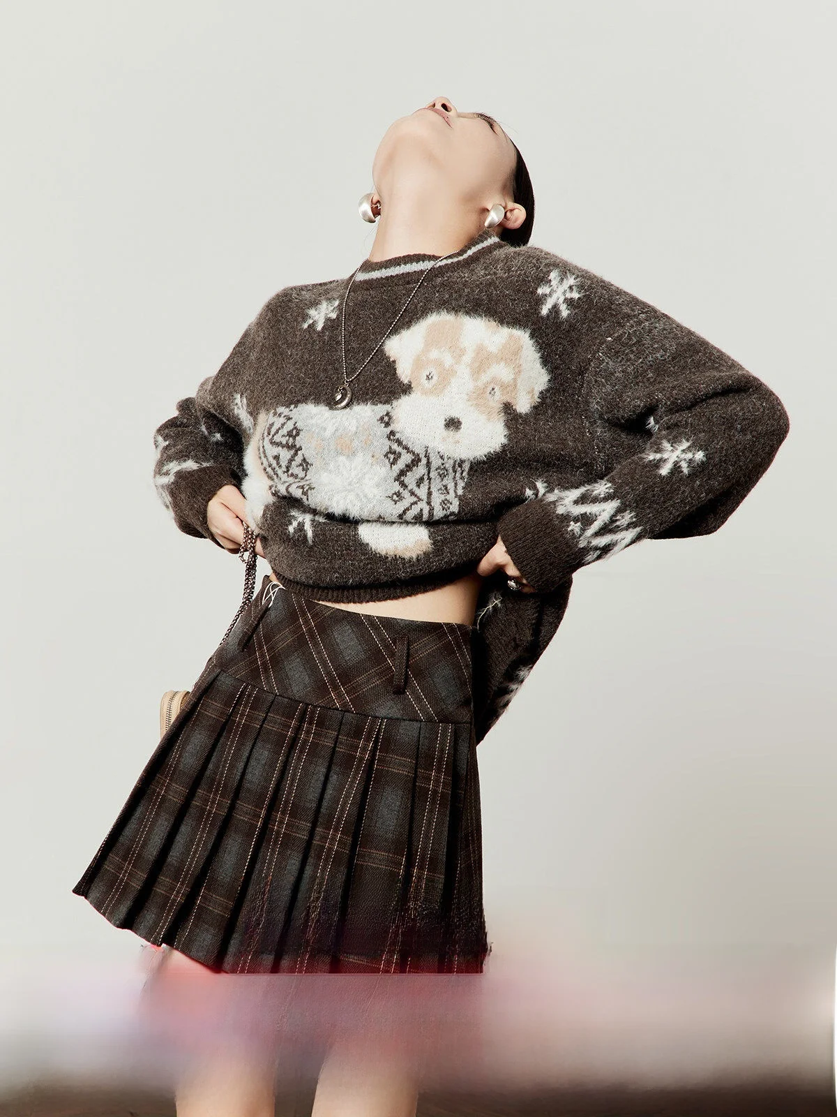 

Caramel Colored Knitted Sweater Women's Loose Fit Vintage Sle Long Sve round Ne ort Length Dog Pattern Sweater