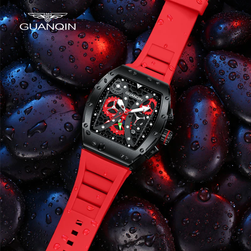 GUANQIN-reloj mecánico deportivo para hombre, cronógrafo automático con correa de zafiro, hueca de acero inoxidable, correa de goma, Masculino