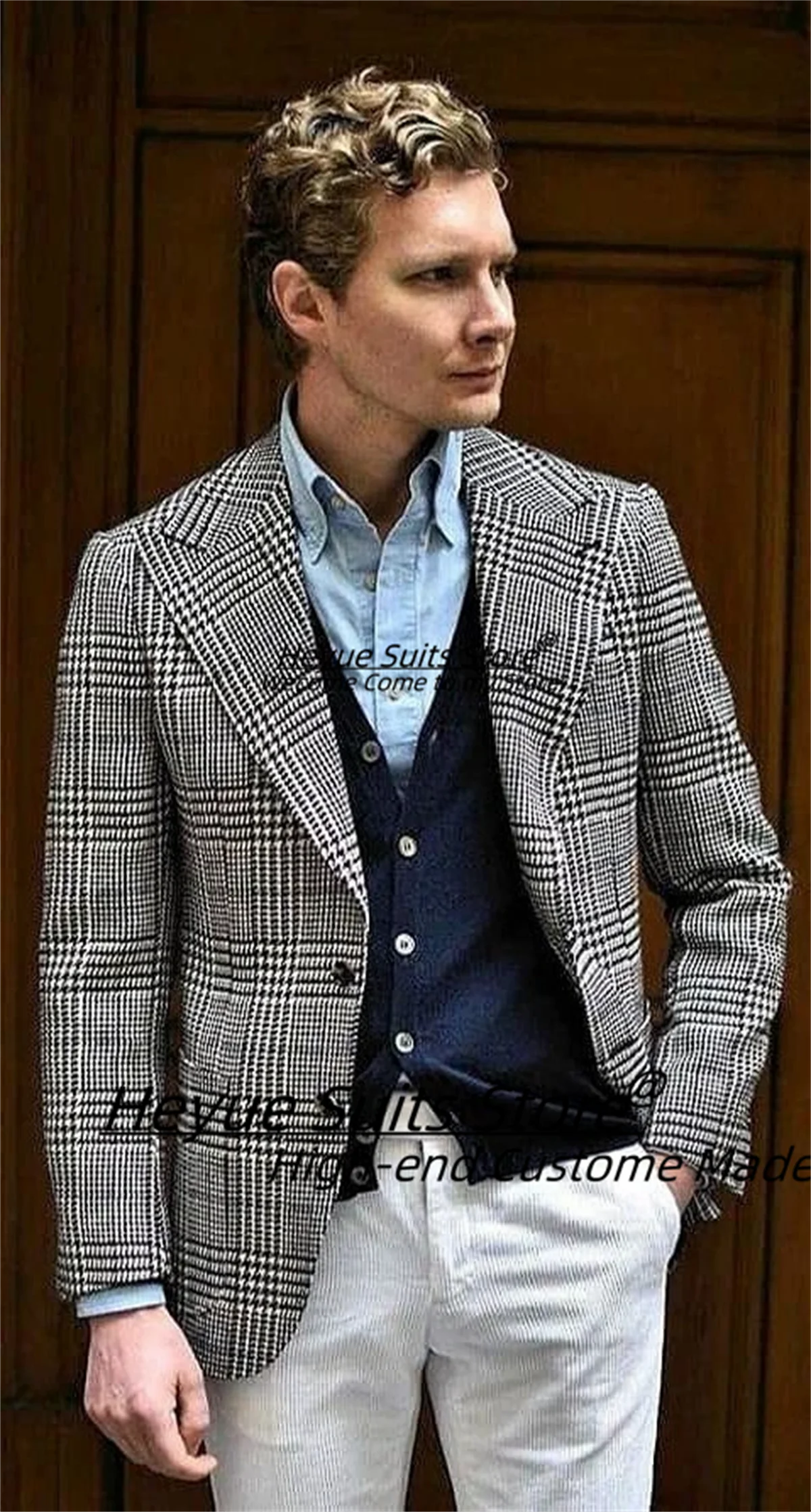 

Classic Gray Plaid Men Suits Customized Slim Fit Peak Lapel Groom Wedding Tuxedos 3 Pieces Sets Male Party Blazers Costume Homme