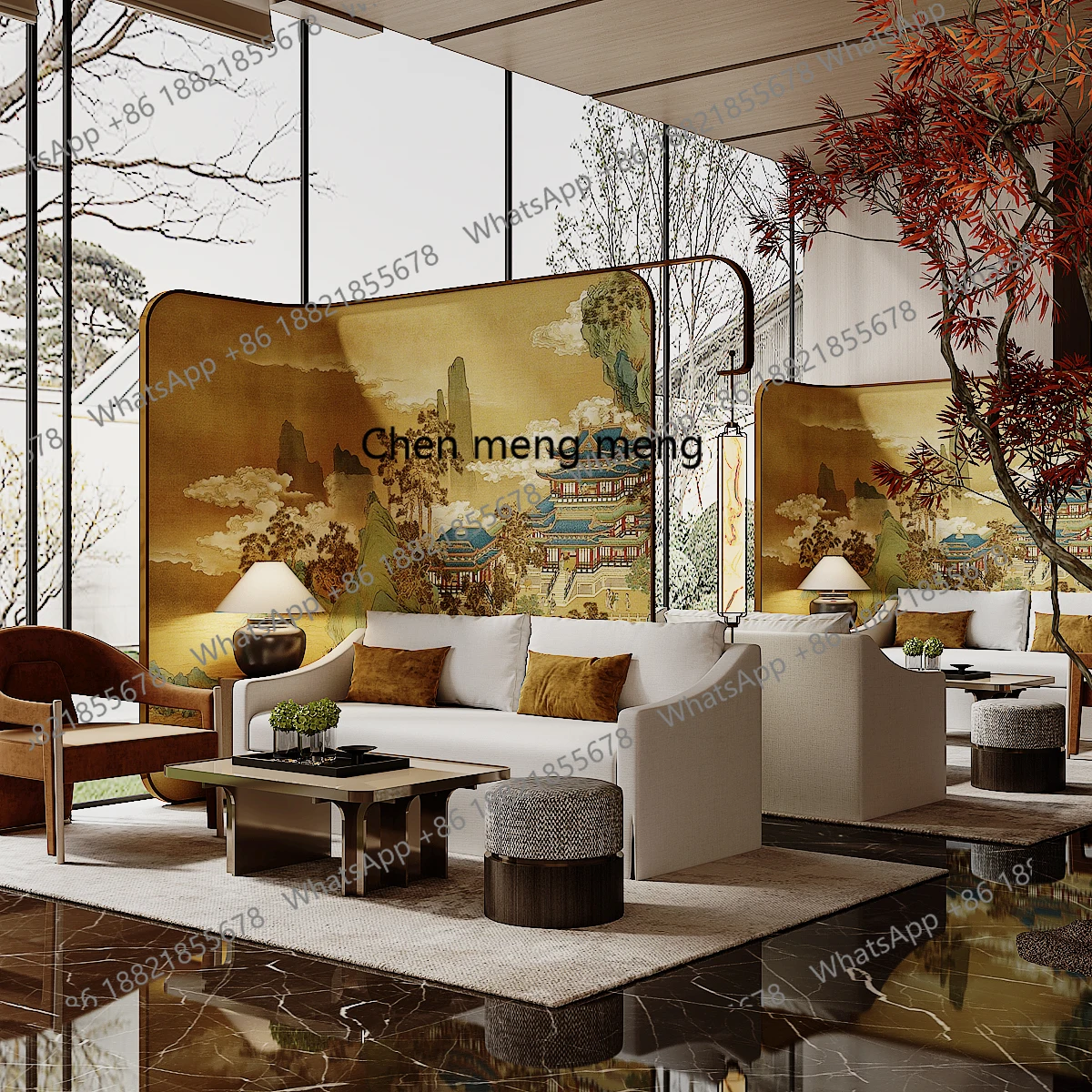 Stainless steel screen partition modern Chinese painted background with lights custom tea room hotel homestay background wall