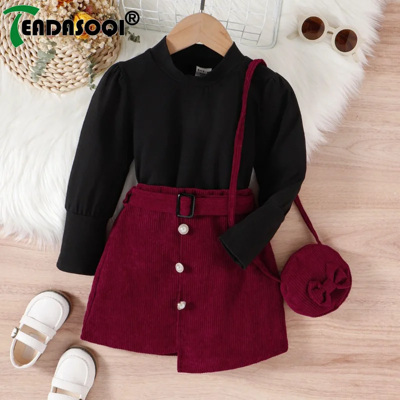 

4-7Y Kids Girls Clothes Autumn Winter Cotton Bubble Sleeve Tops+Corduroy Irregular Short Skirt+Bag Children Outfit Girl 3Pcs Set