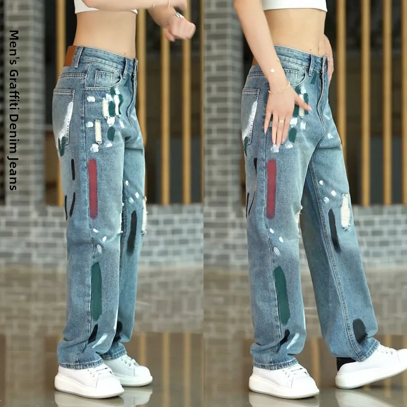 

Мужские джинсы свободного кроя American Fit: модные повседневные рваные джинсы с прямыми штанинами, длинные брюки в стиле колор-блок для молодежи