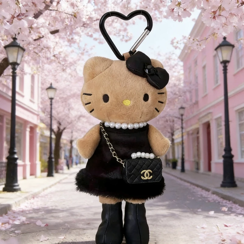 

New Hello Kitty Kawaii Leopard Print Black Skin Love Button Long Legged Cat Plush Chaining Key Chain A Birthday Gift for Girls