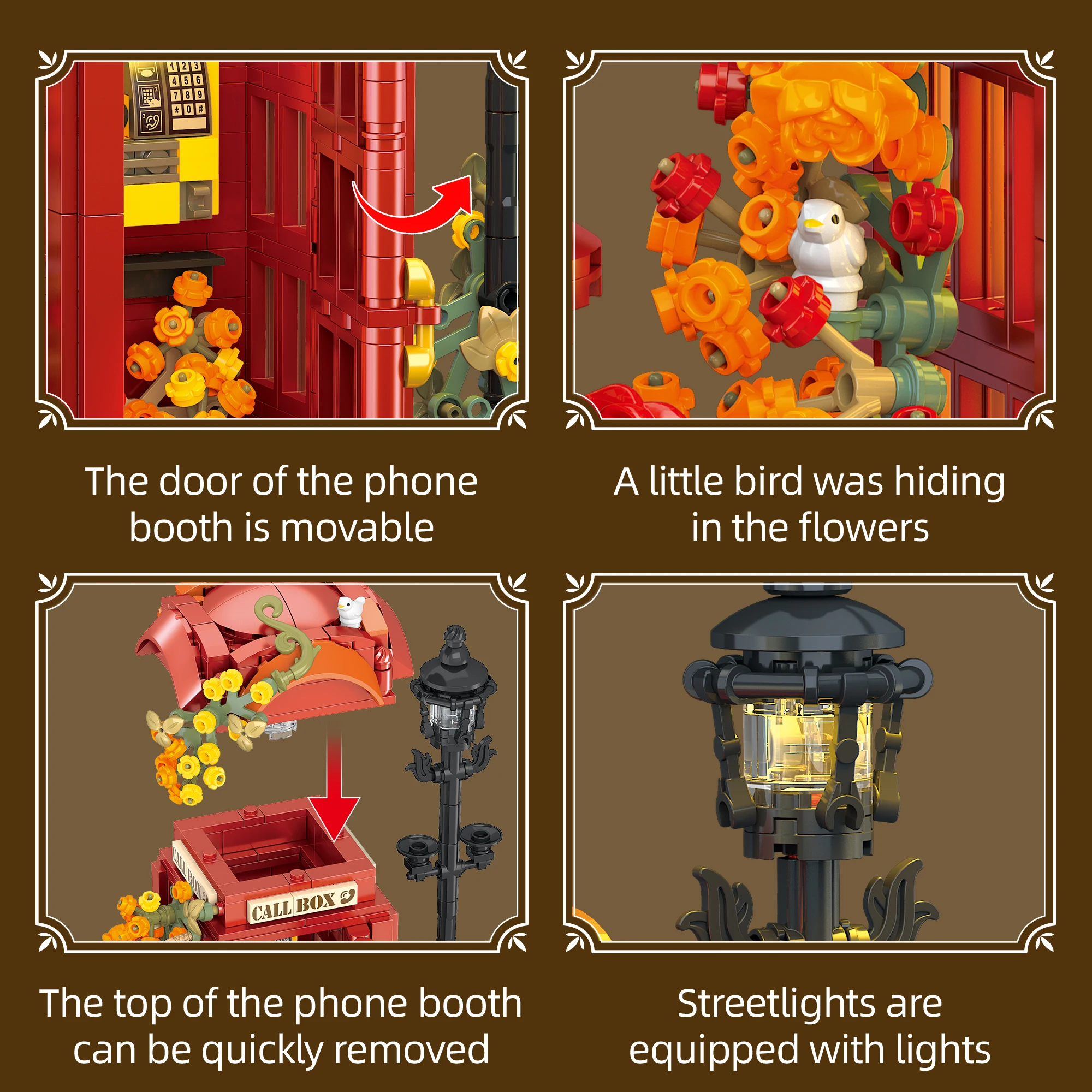 Blocos de construção de caixa de correio criativa com decoração floral e detalhes de luz kit modelo diy decoração de casa de mesa presentes de natal