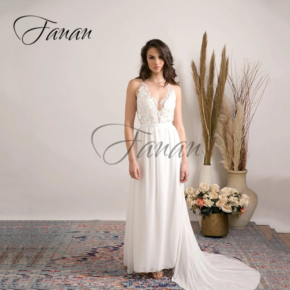 

Simple O-Neck Spaghetti Straps Backless A-Line Wedding Dresses Chiffon Lace Appliques Bridal Gown vestido de noiva платье