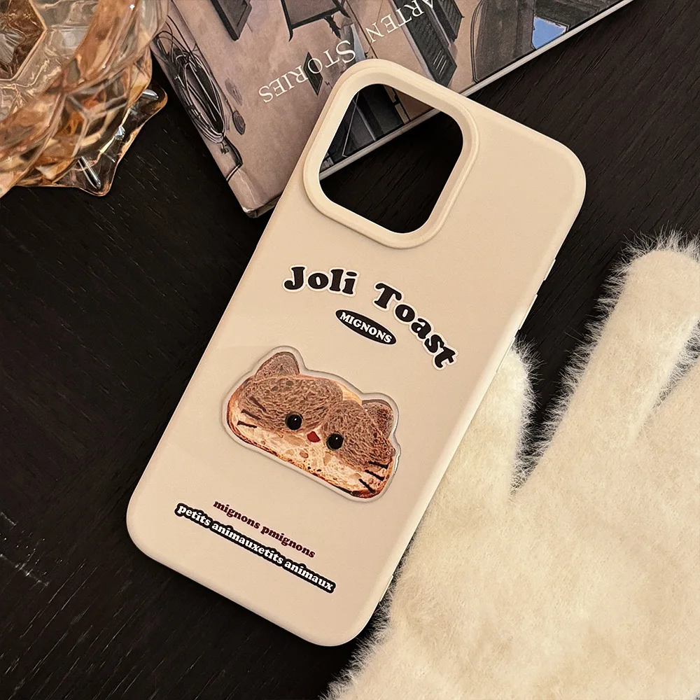 Lovely INS Macaron White Toast Cat Head Stickers Cute Phone Case for iPhone 16 15 14 13 Pro Max Back Phone Cover for 12 Pro Capa