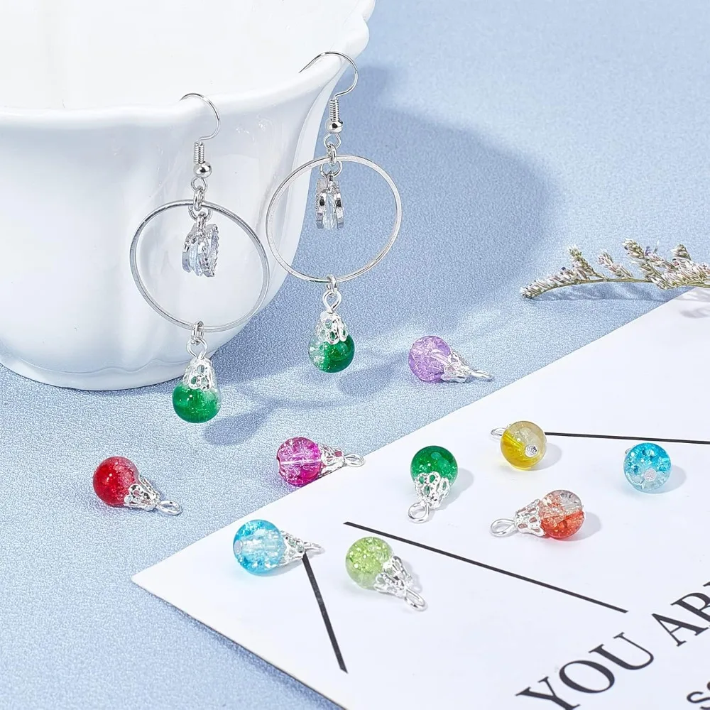 100pcs Crystal Dangle Charms Crackle Glass Drop Beads Charms 10 Color Dangle Bead with Silver Bead Cap Drops Beads Charms