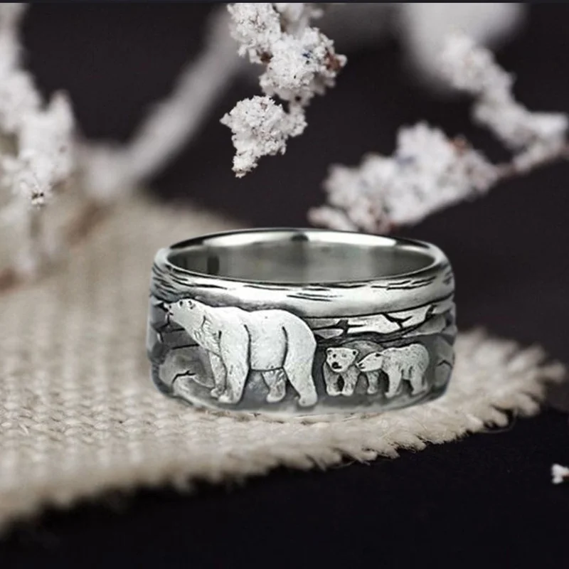 Vintage Fashion Jewelry Elegant Polar Bear Couple Ring Animal Punk Creative Popular Anniversary Ring Aesthetic Anillos Mujer