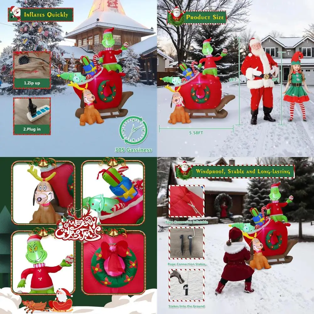 

Inflatable Christmas Green Monster and Dog Max Sleigh with LED Lights, 6 Feet Tall Decorative Outdoor Display