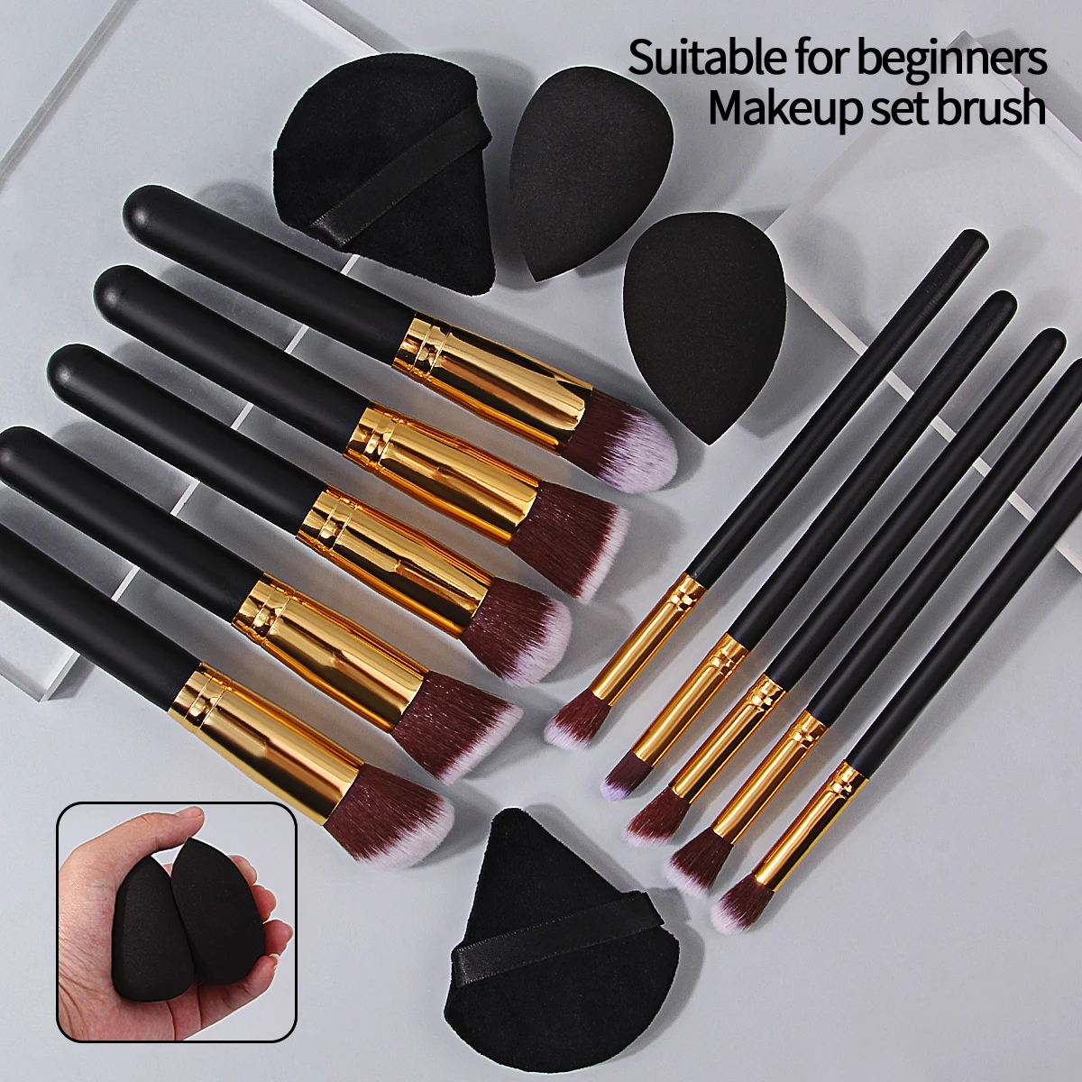 Conjunto de pincéis de maquiagem com cabo de madeira de alta qualidade, 10 peças + 2 sopros de pó triangulares super macios de dupla face + 2 ovos de esponja de maquiagem em gota de água