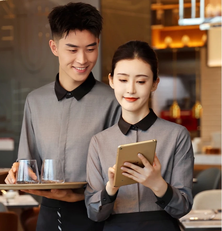 Uniforme de serveur de Restaurant à manches longues pour femmes, chemise de serveuse de café, Service alimentaire, vêtements de travail, salopette de restauration