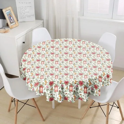 RealHomes Candlestick Design Christmas Konseptli Digital Printed Round Table Cloth-Diameter 140 cm