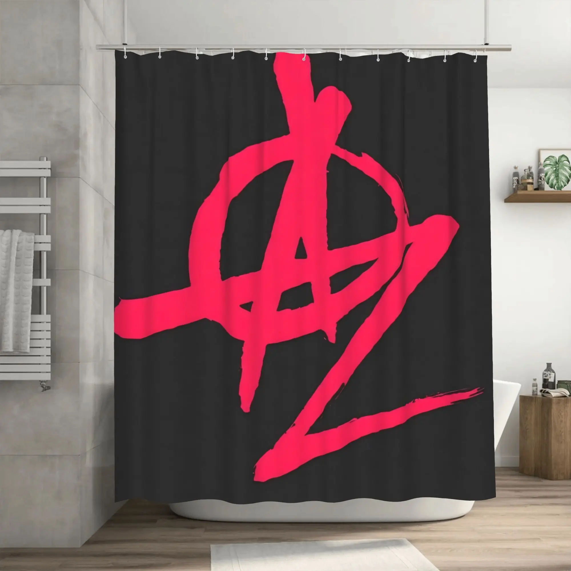 Cortina de chuveiro elegante com estampa Orden Libre Z preta e vermelha, decoração de banheiro de poliéster removível com ilhós, design artístico moderno