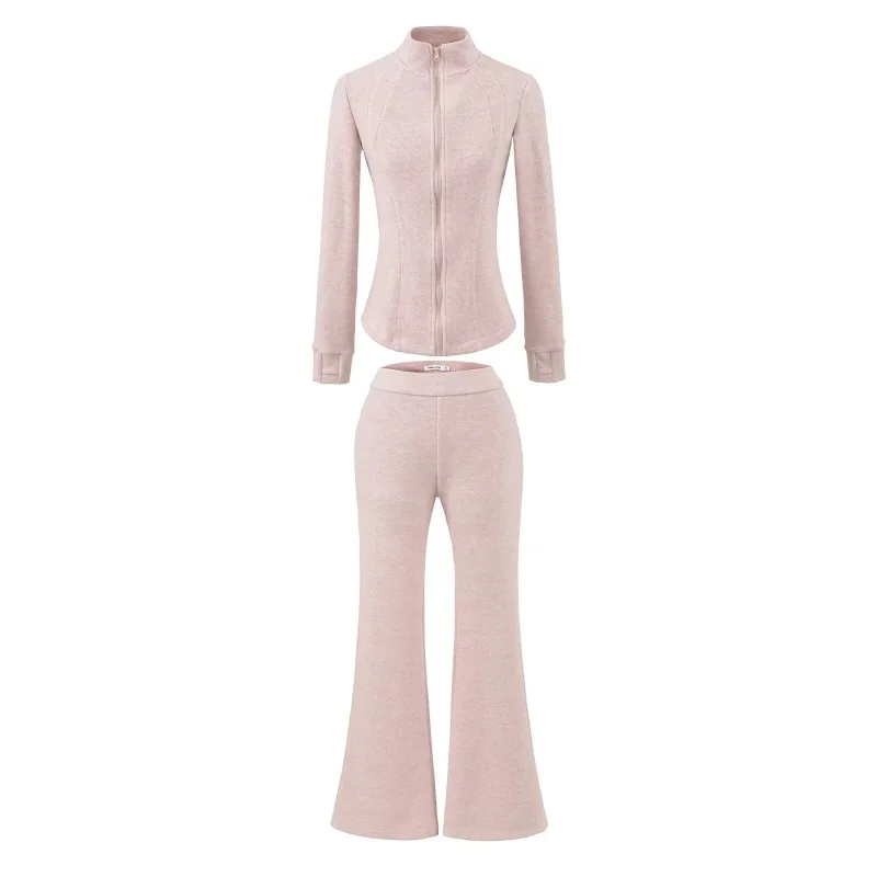 

Длинные брюки-клеш с воротником-стойкой на молнии, облегающие брюки-расклешеный нежный повседневный комплект из двух предметов, женская модная верхняя одежда