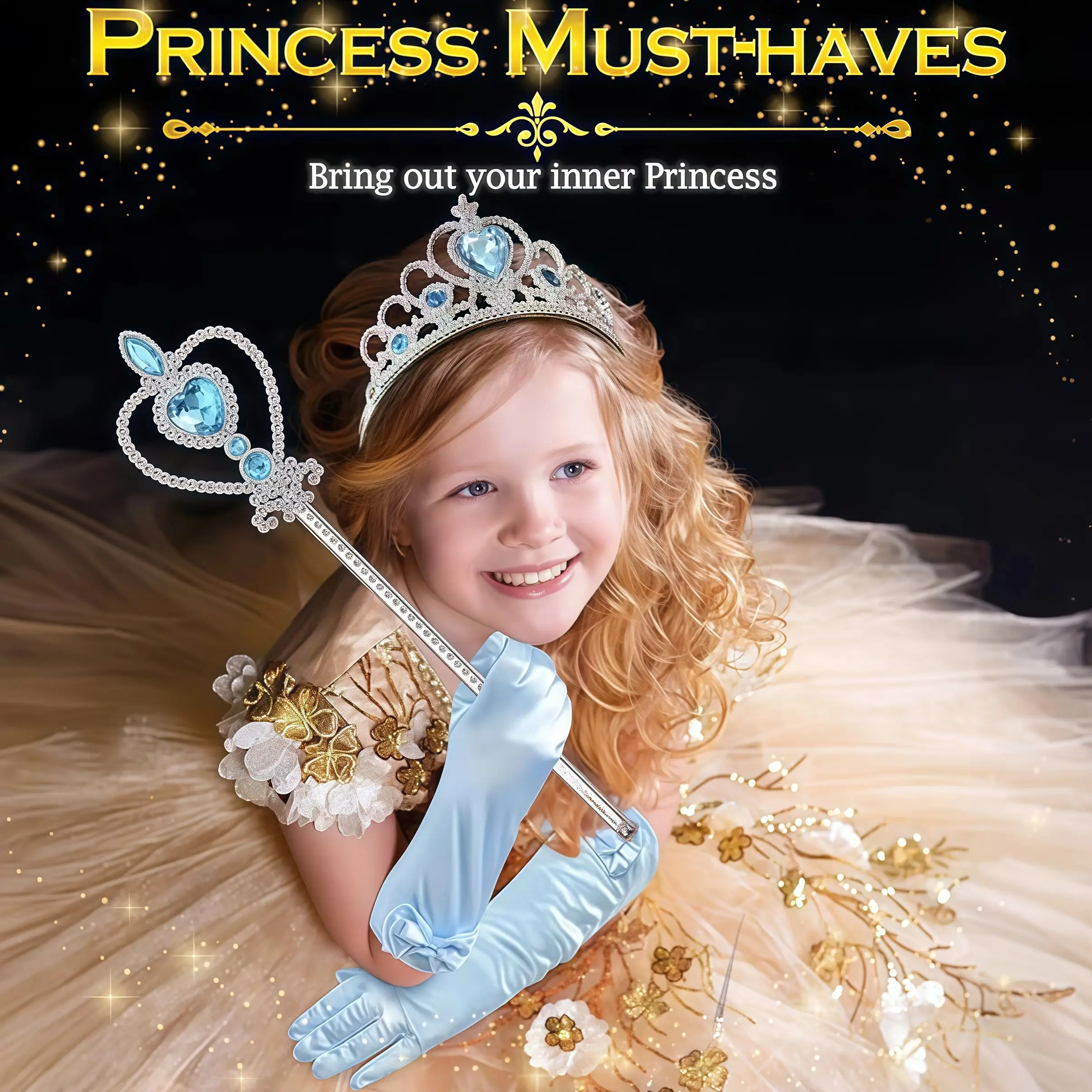 Ensembles d'accessoires de déguisement de princesse, couronne de princesse, diadème, gant, baguette pour petites filles, fête de bal d'halloween, cadeaux d'anniversaire de carnaval