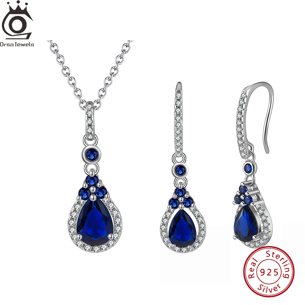

ORSA JEWELS Blue Sapphire 925 Sterling Silver Jewelry Set for Women Zircon CZ Wedding Party Necklace Earrings Pendant Gift LZN10