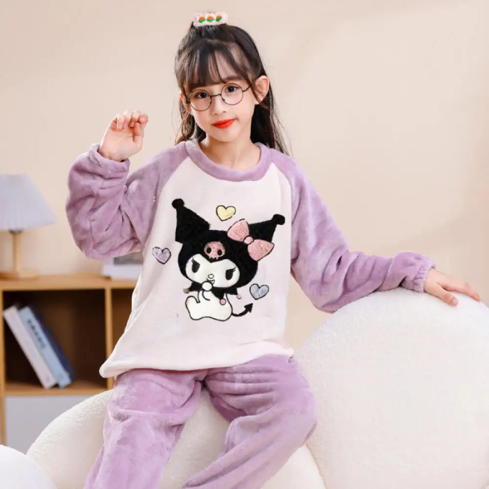 حار سانريو مرحبا كيتي kuromi الفتيات منامة الخريف/الشتاء سميكة س الرقبة الفانيلا الوالدين والطفل الزي ملابس المنزل مجموعة المرجان المخملية