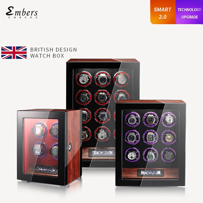 Embers Wooden Automatic Watch Winder 2 4 6 9 12 Watches Storage Box Biometric Shaker With Fingerprint Unlock Clock Case