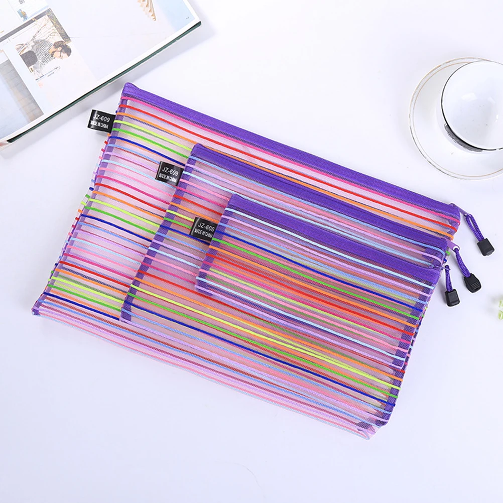 

3pcs Nylon Mesh File Pouches Zipper 3 Sizes A4 A5 B6 Clear Document Organizer Storage Bag For Papers Phone Receipts Magazines