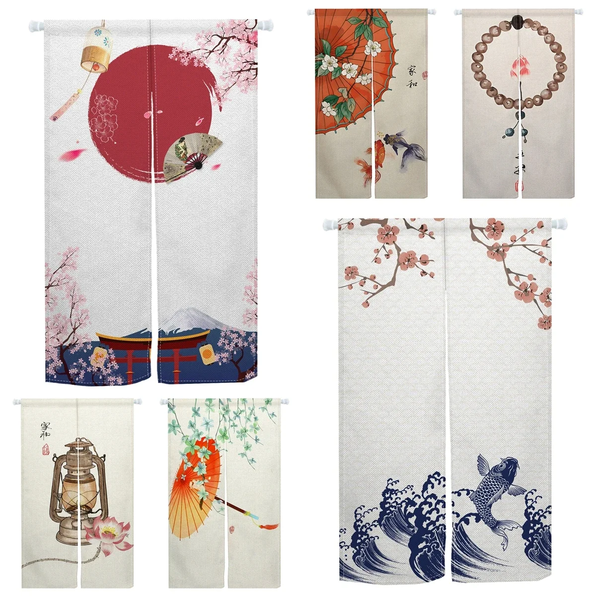Japanese Door Curtain Cherry Blossom Mount Fuji Lantern Koi Fish Design Home Partition Screen for Bedroom Restaurant  Zen Decor