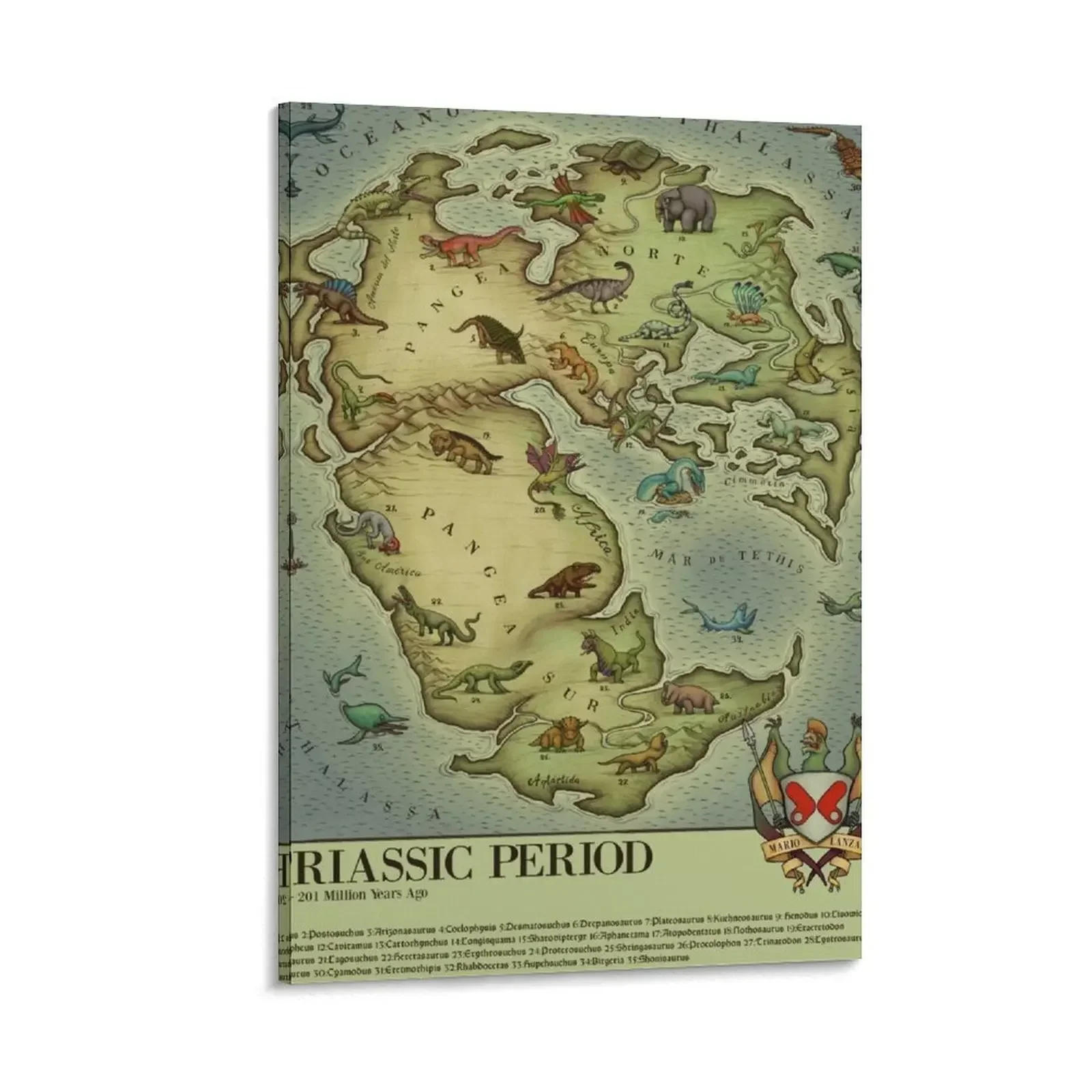 

TRIASSIC period map (vintage syle) Medieval Bestiary. Pangea Map Canvas Painting Paintings anime poster decorative wall poster
