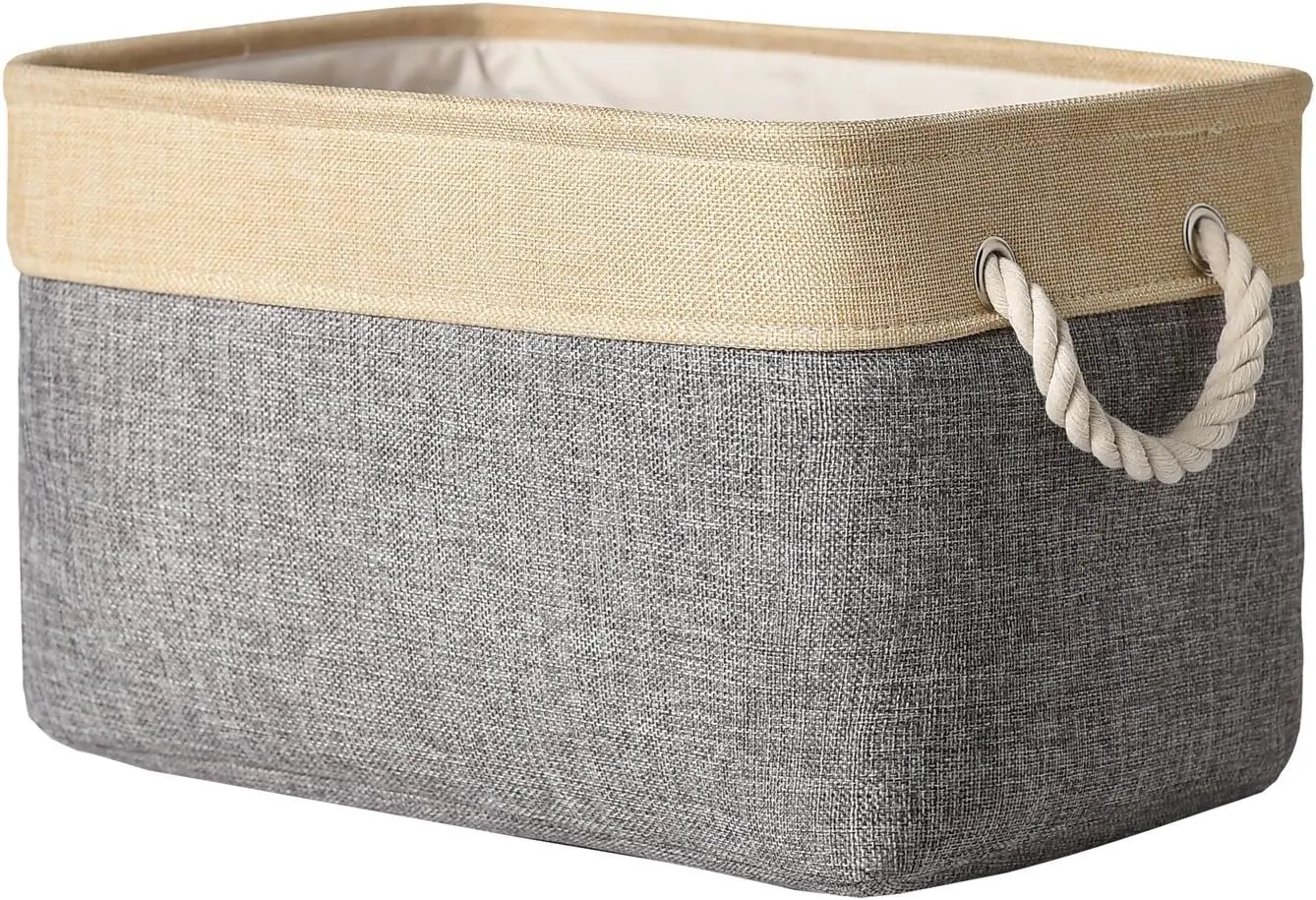 Large Storage Basket 15.7x11.8x8.3 Inches, Fabric Bins for Shelves, Clothes, Books, Toys, Gold and Grey
