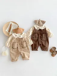 2024 Autumn New Baby Girl Sleeveless Romper Cotton Toddler Girls Casual Pocket Overalls Infant Flower Embroidery Lace Jumpsuit