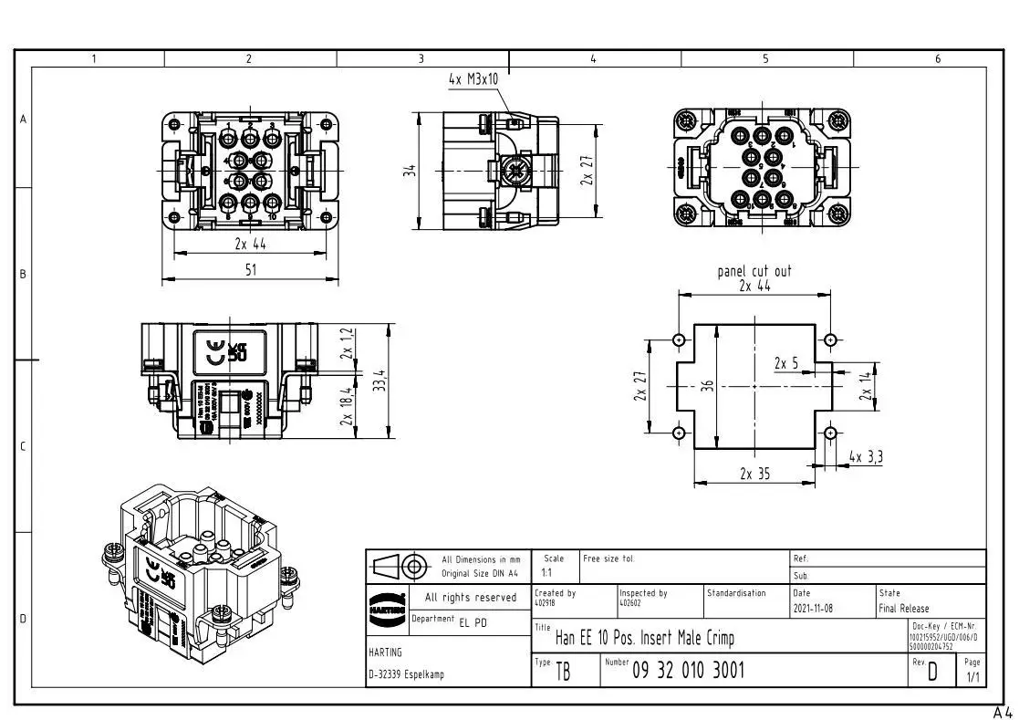 HARTING-HAN 10EE, HEE-010-M, 09320103001