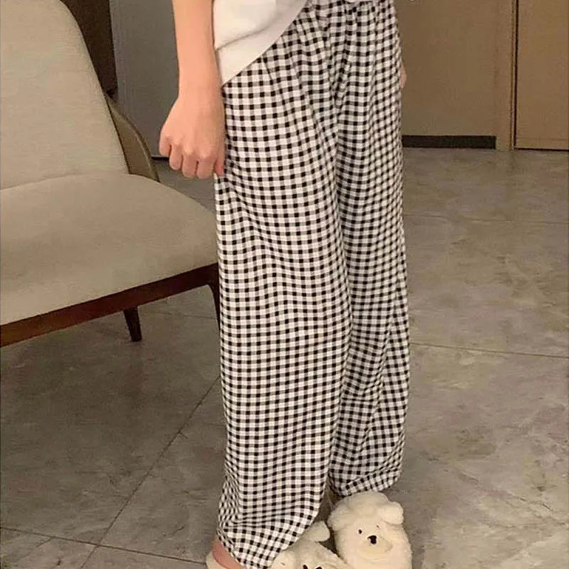 Korean Style Pajamas Pants for Women Sleep Plaid Sleepwear Summer Ankle Length Bottoms Home Room Elastic Waist Sleeping Wear New