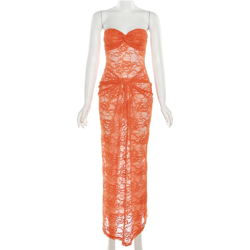 Spifore สปาเก็ตตี้สายคล้องคอผู้หญิงชุดเซ็กซี่ลูกไม้ Patchwork ดูผ่าน Maxi Vestidos สีดําชุดปาร์ตี้คลับ