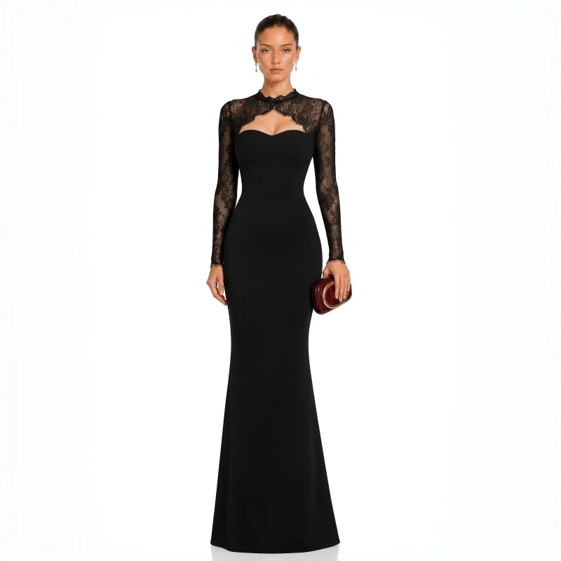 Luxury Stretchy Fabric Mermaid Evening Dress Sheer Floral Lace Long Sleeve Illusion Sweetheart Neckline Fitted Floor‑Length Gown