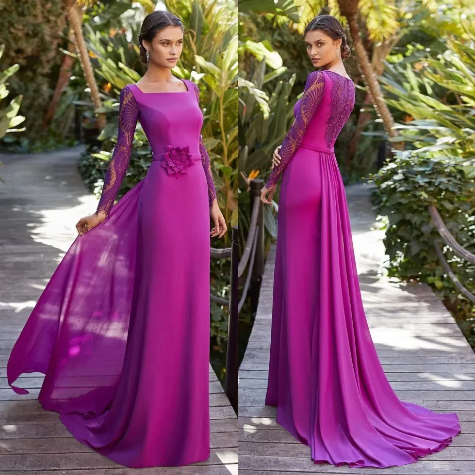 Vestidos de encaje personalizados para madre de la novia, vestidos de manga larga, vestido de gasa de cola de barrido, vestido de invitados de boda, cuello cuadrado