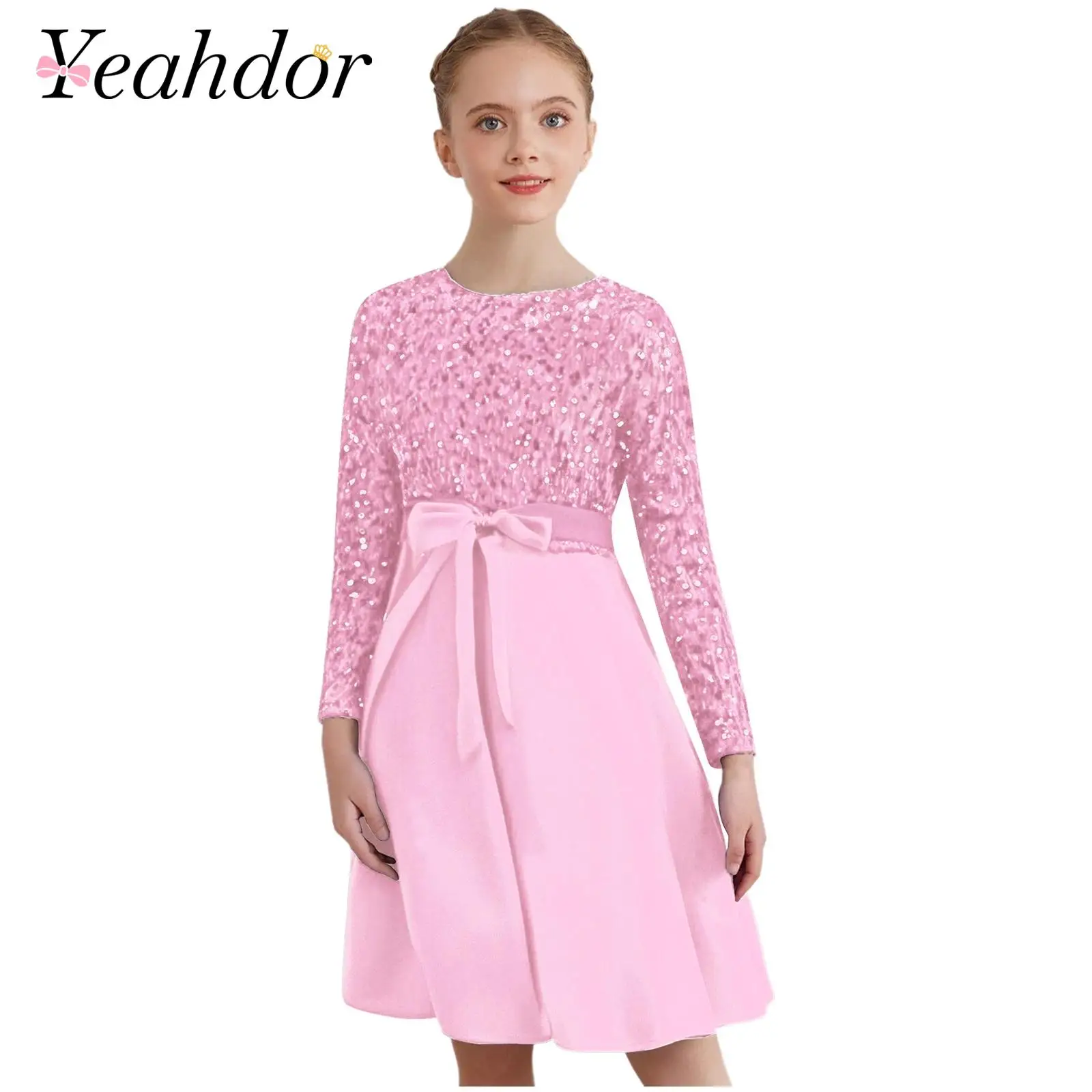 

Girls Formal Pageant Dress Long Sleeve Glittery Sequin Party Gown for Bridesmaid Wedding Ceremony Prom Vestidos Kids Dresses