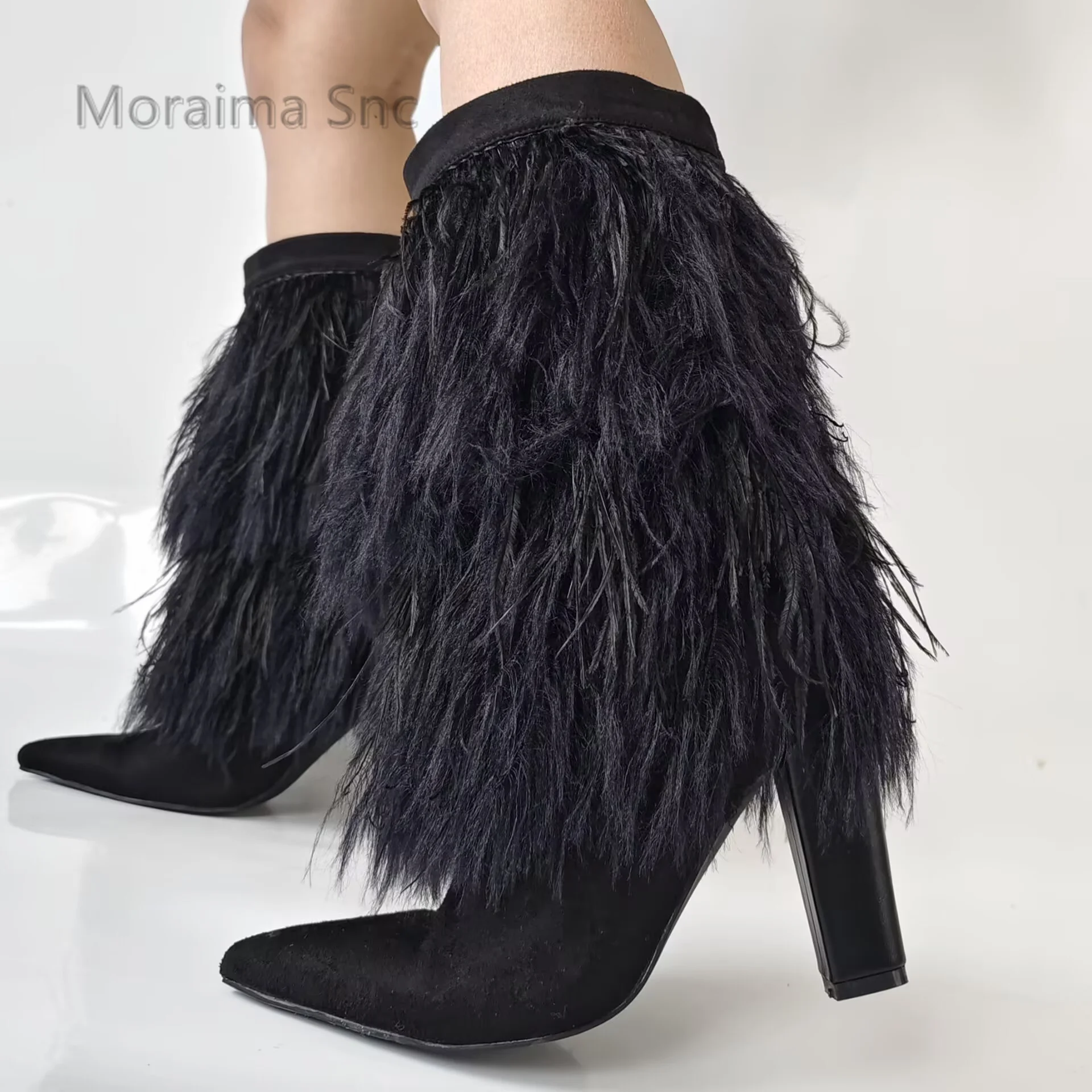 

Black Grey Feather Mid Calf Boots for Women Sexy Chunky High Heels Suede Boots Ladies Winter Shoes Show Party Women's Boots