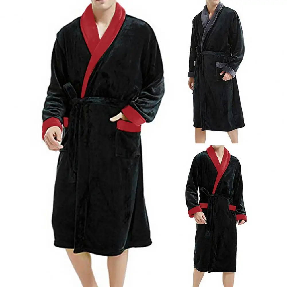 Unisex Bathrobe Flexible Nightwear Luxurious Men's Winter Nightgown with Plush Coral Fleece Long Sleeves Tie Waist Cozy Homewear